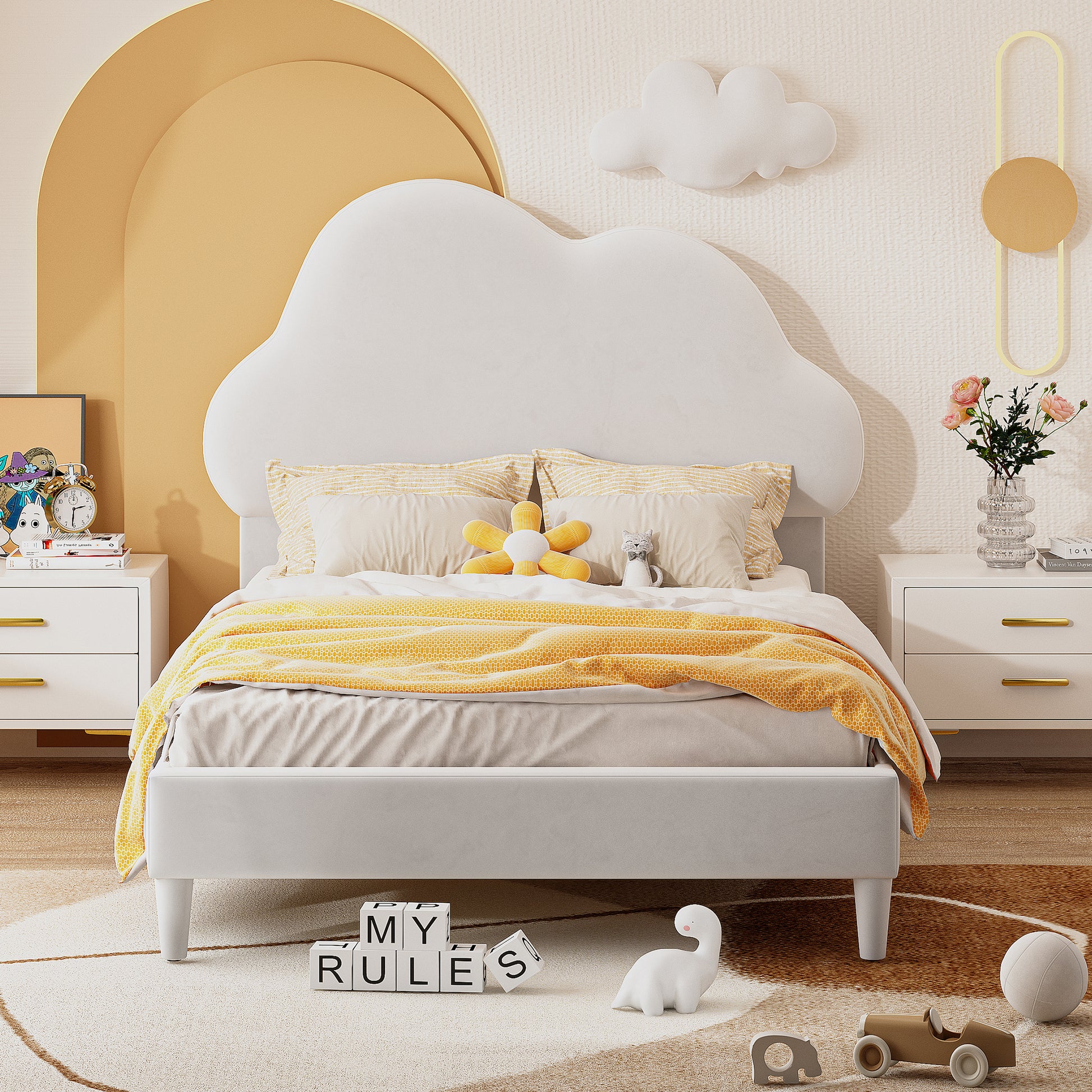 Twin Size Upholstered Cloud-Shape Bed ,Velvet Platform Bed with Headboard,No Box-spring Needed,Beige