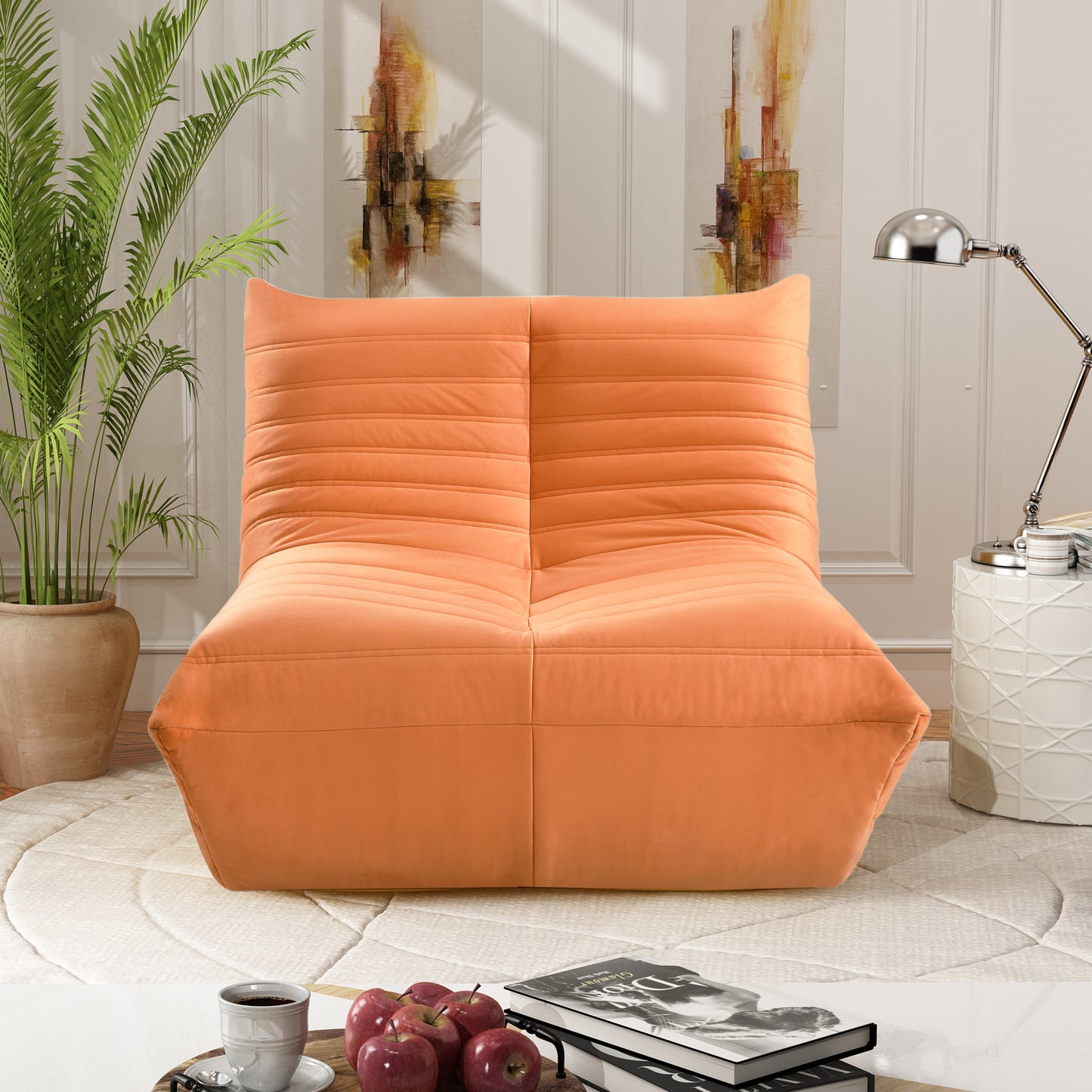 Fireside chair, Large bean bag chair for adults, Lazy floor sofa for home, Playing bean bag chair, One-piece high resillence sponge, Flannelette fabric, Orange