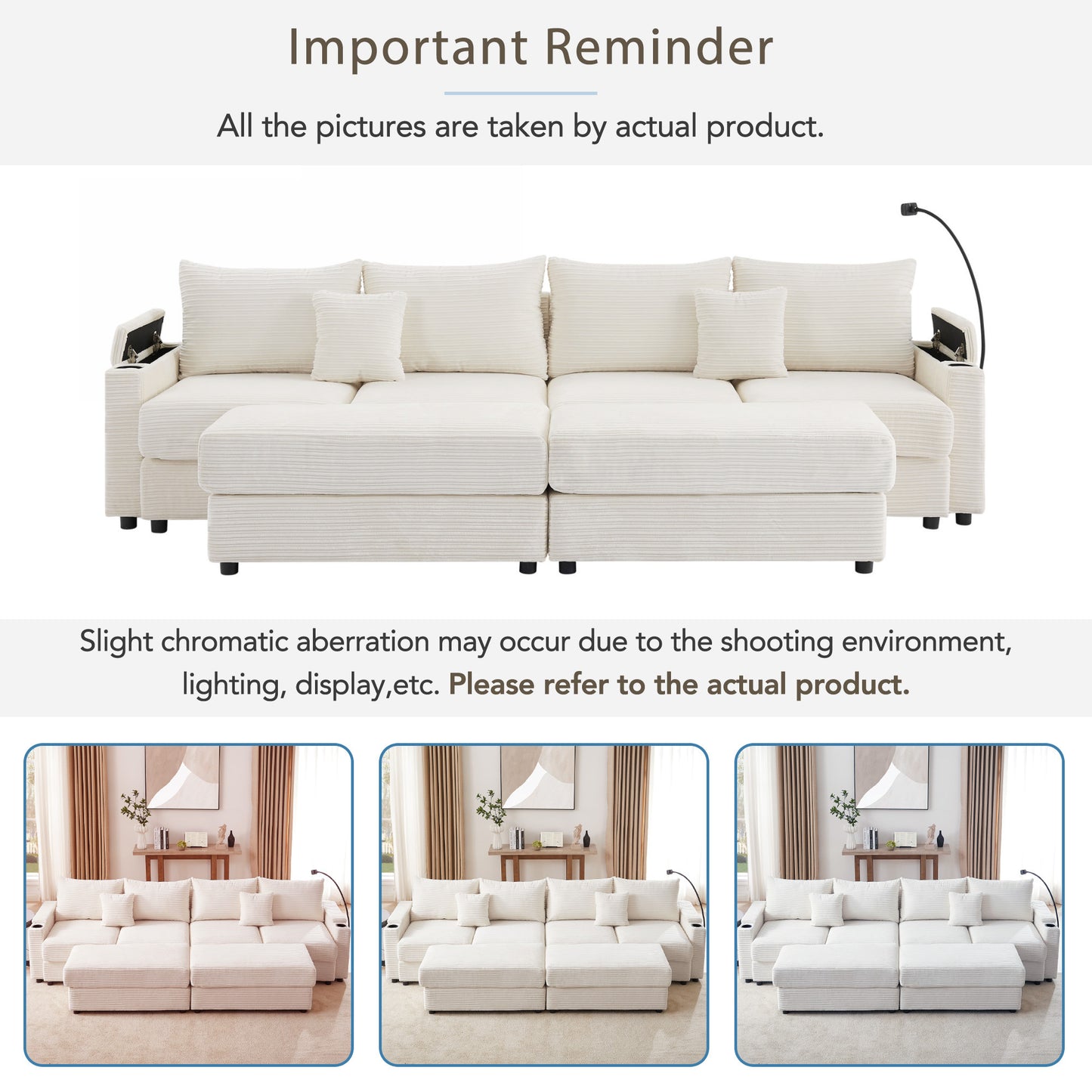 123.2" Modern Style 4-seater Sofa Sectional Sofa Couch with Storage Space, Two Movable Ottomans, Two USB Ports, Two Cup Holders, A Phone Holder for Living Room, Beige