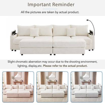 123.2" Modern Style 4-seater Sofa Sectional Sofa Couch with Storage Space, Two Movable Ottomans, Two USB Ports, Two Cup Holders, A Phone Holder for Living Room, Beige