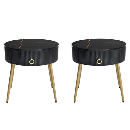 ON-TREND Φ19.6'' Easy Assembly End Tables with High Gloss Faux Marble Tabletops, Set of 2, Modern Fluted 2 Side Tables with Drawers, Round Coffee Tables with Golden Legs for Living Room, Black