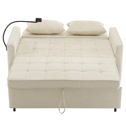 56.9" Loveseat Sofa Pull-out Sofa Bed Sleeper Sofa with a Reversible Backrest Cushion, Side Pockets, Two USB Ports and a Phone Holder for Living Room, Beige