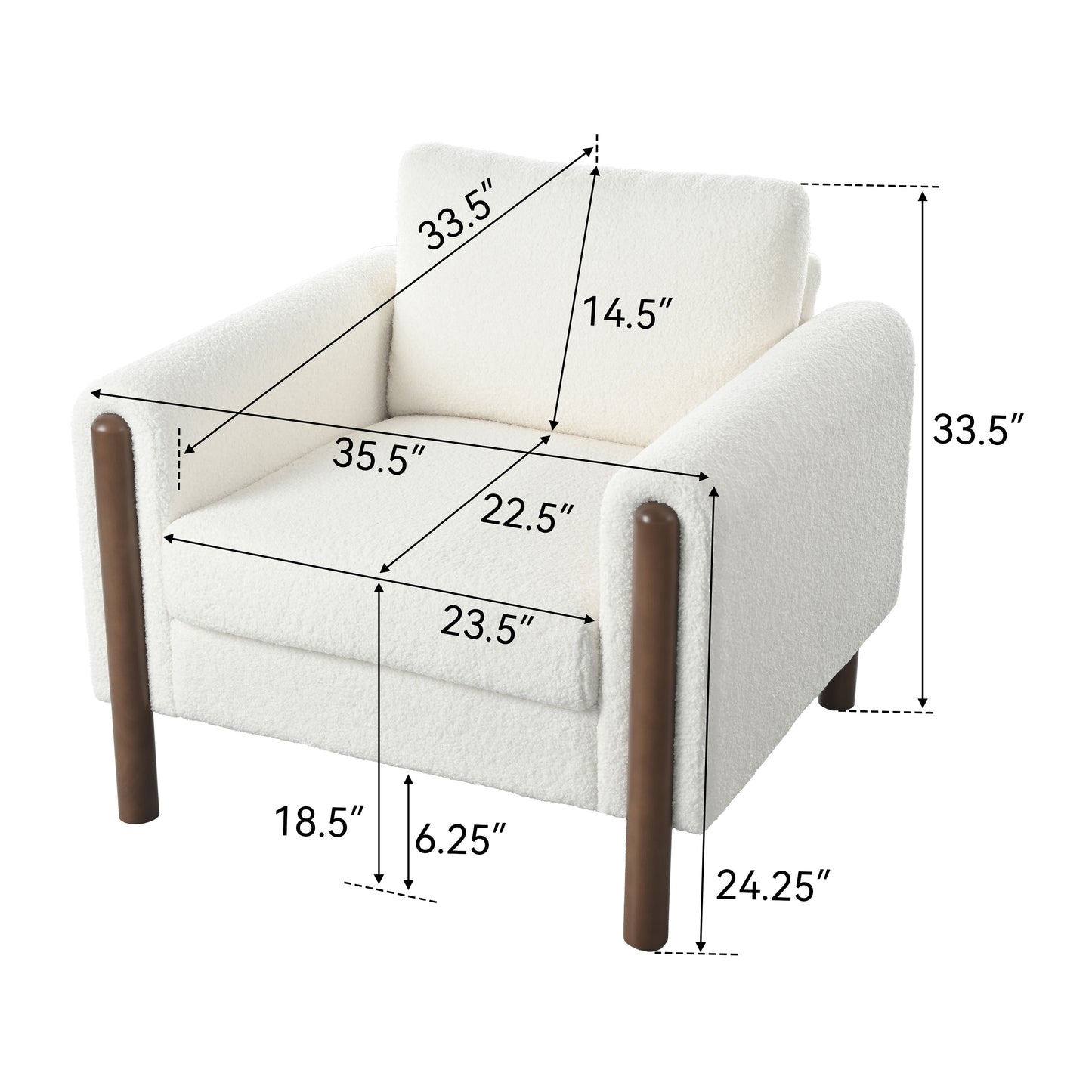 Oversized Accent Chair, Upholstered Living Room Chairs Single Sofa Chair with Walnut Legs, Curved handrail, White