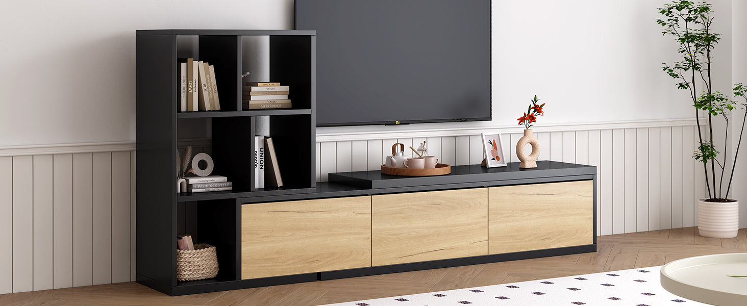 ON-TREND Extendable TV Stand and Coffee Table Set with 3 Tier Bookshelves for Living Room