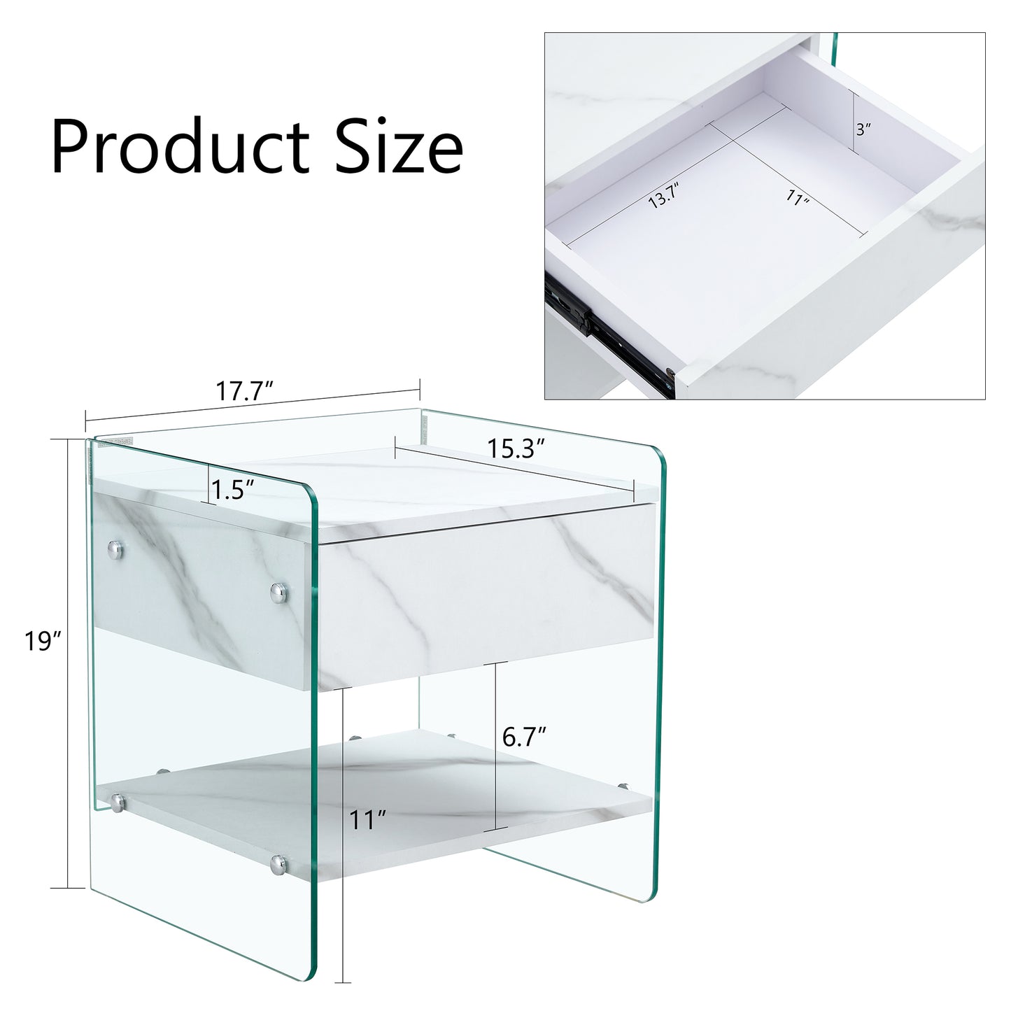 Bedside table with drawers. The board surface is MDF sticker, and both sides are transparent tempered glass. The design is simple and elegant, with excellent storage functions.