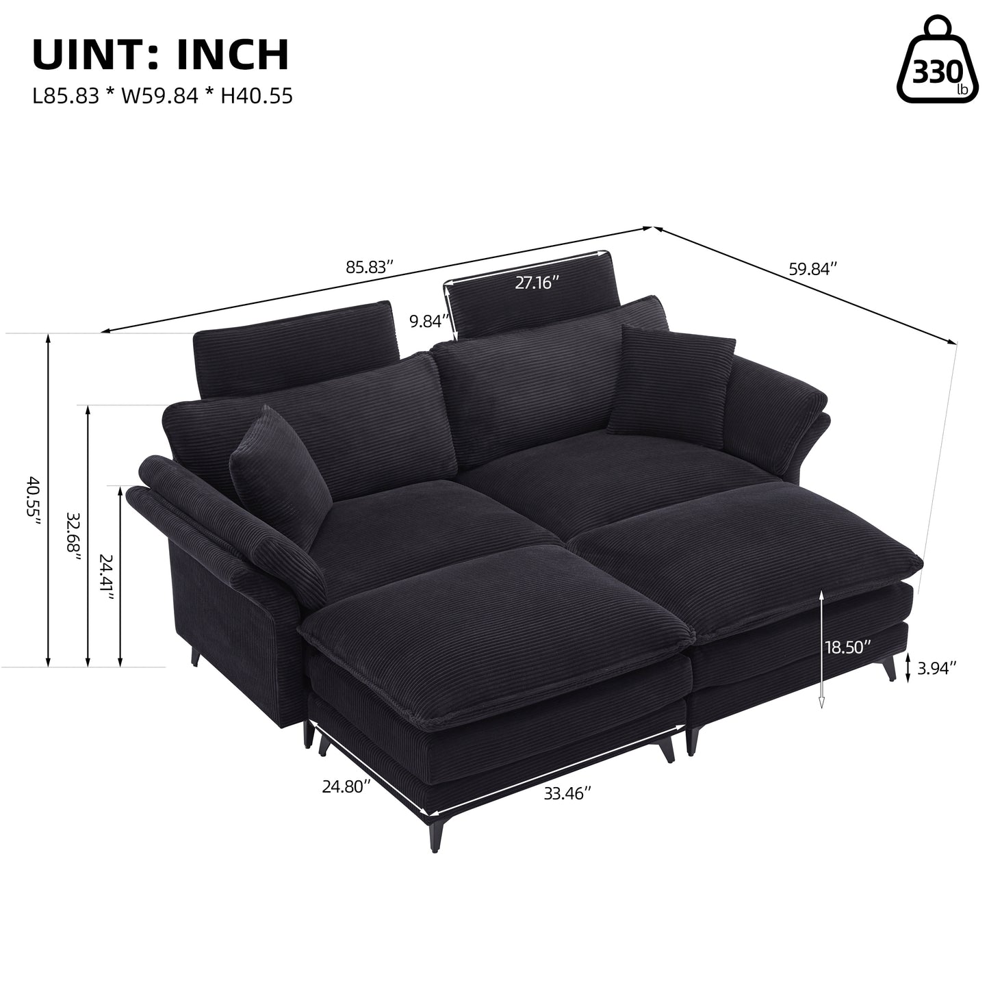 [VIDEO/New] Deep Seat Sectional Sofa, Comfortable Cloud Sofa with Ottomans, loveseat Sofa, 85.8''Modern Corduroy Upholstered Sectional Sofa for Living Room, Apartment, Studio, Office (Black).