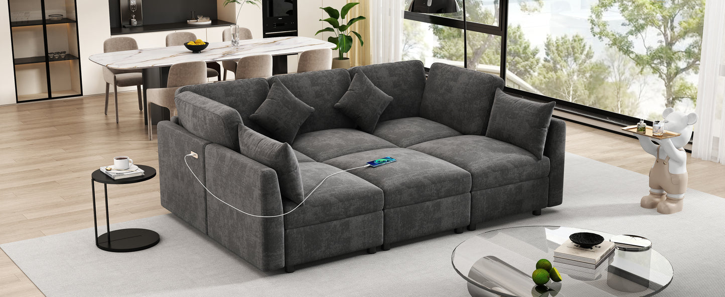 85.4" Sectional Sofa Modular Sofa U-shaped Sofa Couch Sofa Bed L-shaped Sofa with a Movable Ottoman and Two USB Ports for Living Room, Black