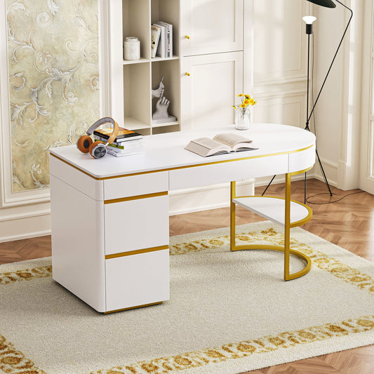 60''Modern Executive Desk,White Curved Computer Desk with Gold Metal Legs,3-Drawers Home Office Desk,Writing Desk with 1 Storage Cabinet for Home Office,Living Room,Gold+White - Groovy Boardz