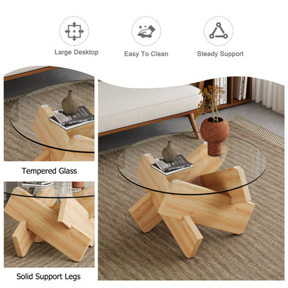 Circular glass coffee table, 33.4-inch modern and distinctive design tea table. Tempered glass countertop, wood colored MDF table legs. Suitable for living rooms and farmhouses