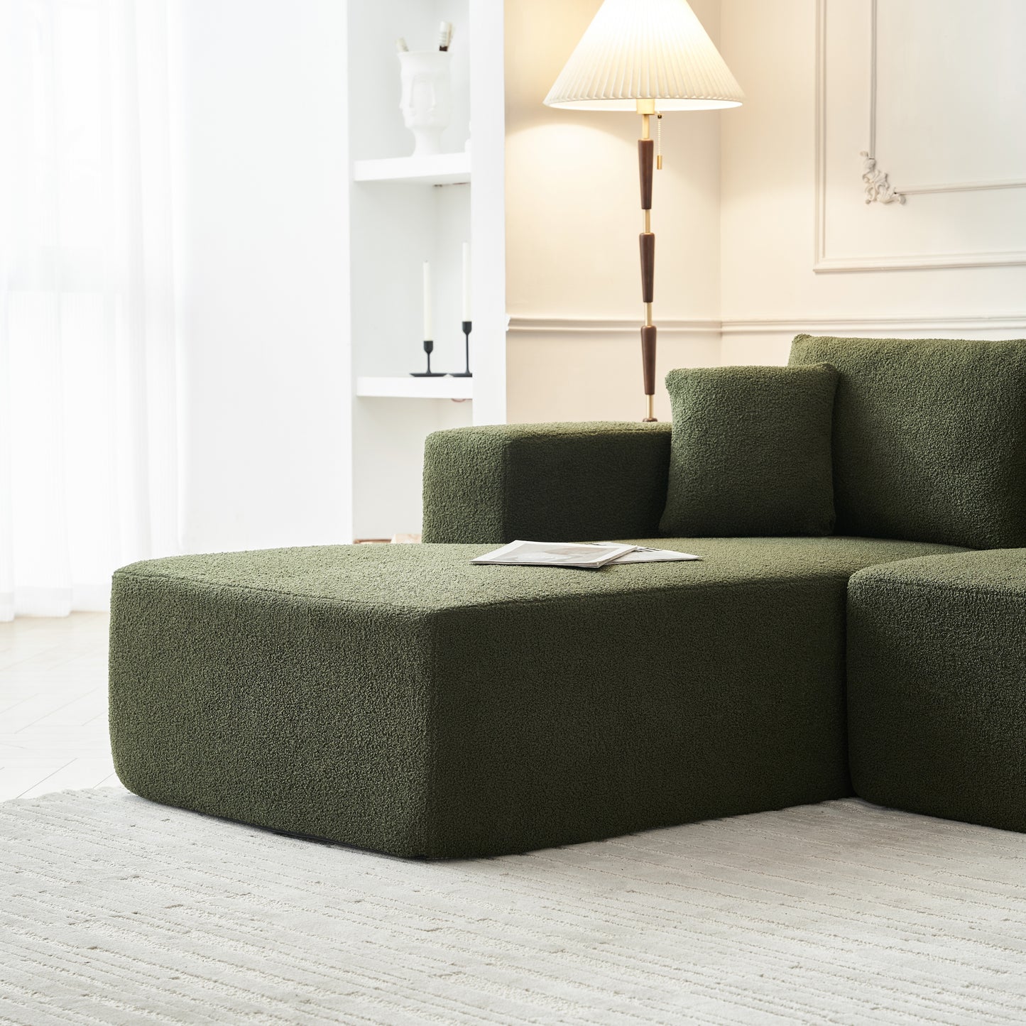 104.33" Sponge Sectional Sofa Couch for Living Room, L Shaped Modern Lamb Modular High Density Sponge Floor Sofa, Sherpa Fabric Sofa Couch with Chaise Lounge, Upholstered Corner Cloud Couch, Green