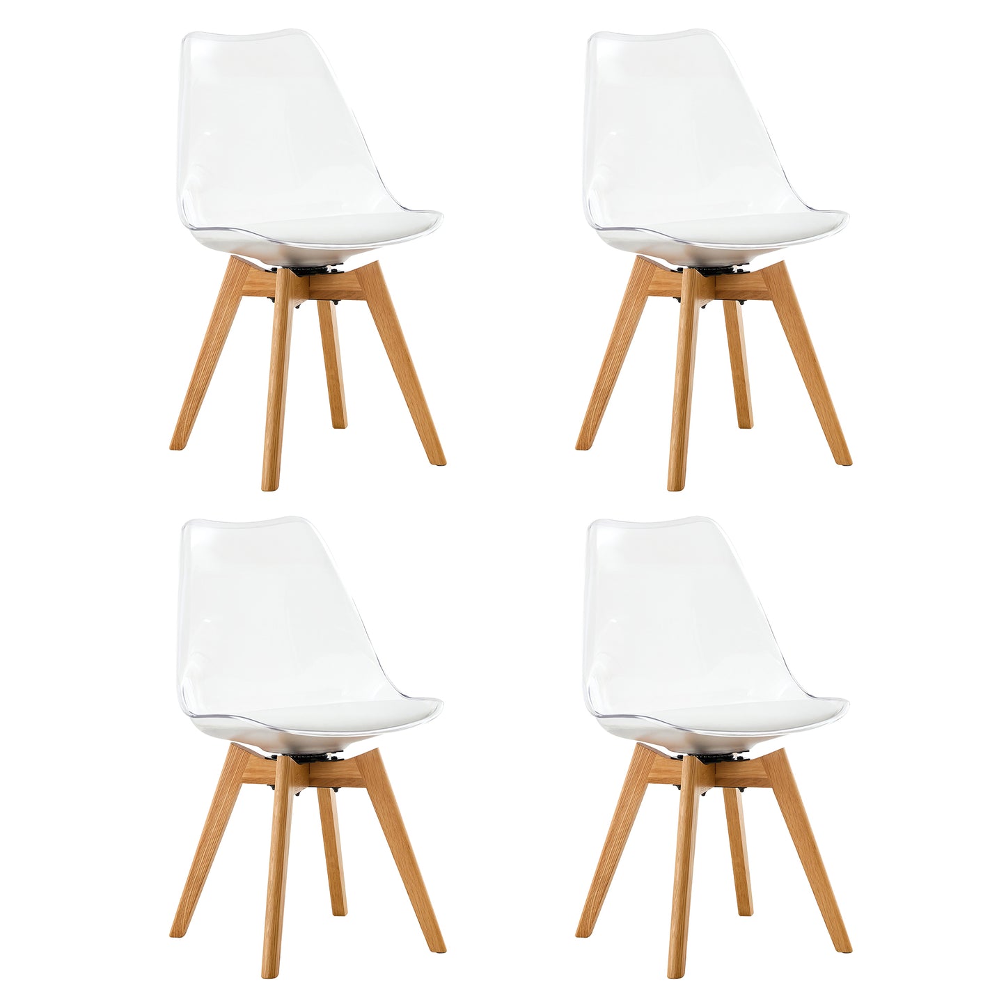 Modern chairs can rotate 360 degrees. The backrest is made of PET material, the seat cushion is made of PU material, and the support legs are made of oak. (Set of 4)