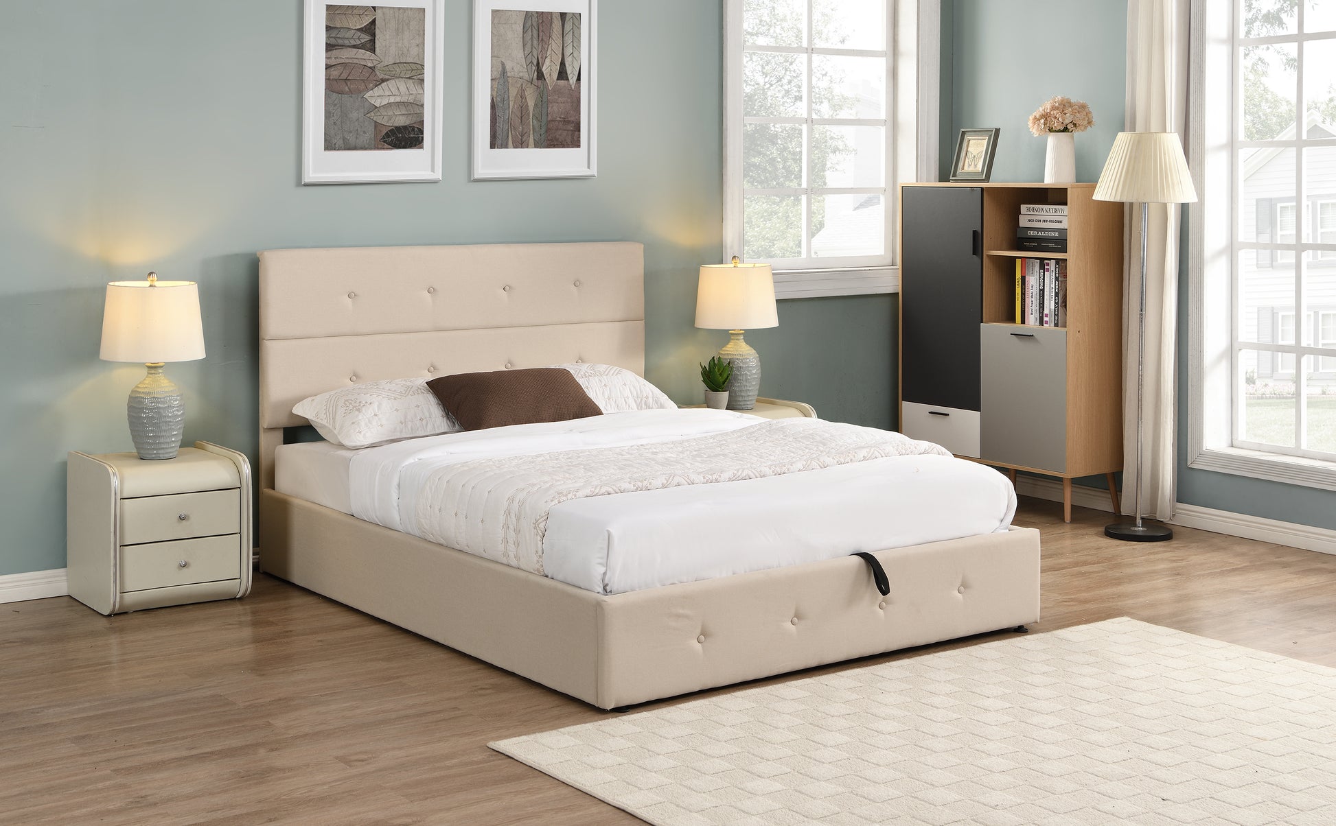 Upholstered Platform Bed with Underneath Storage,Queen Size,Beige