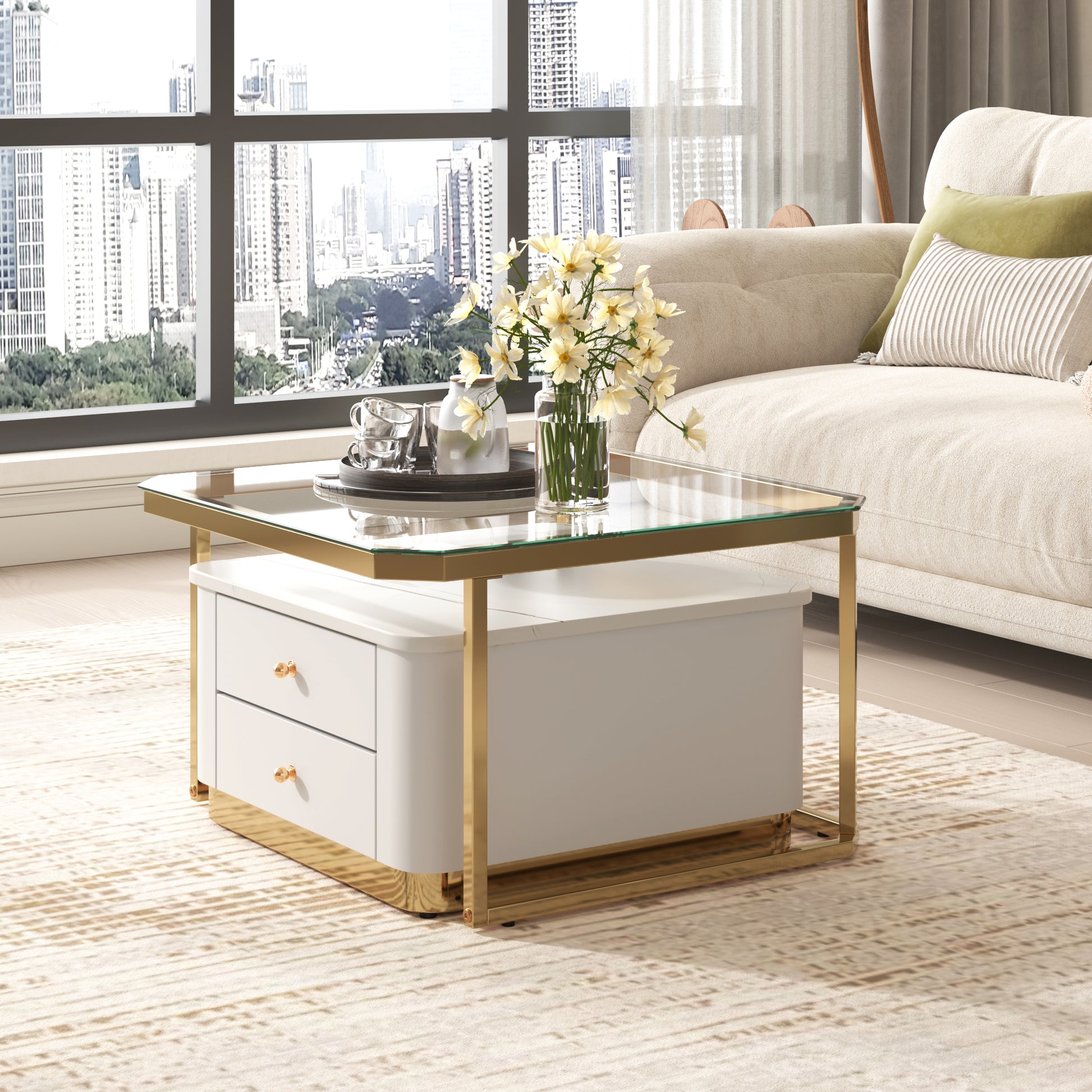 Modern 2 Pieces White  Square Nesting  Coffee Table with Drawers & Electroplated gold legs in 27.6''