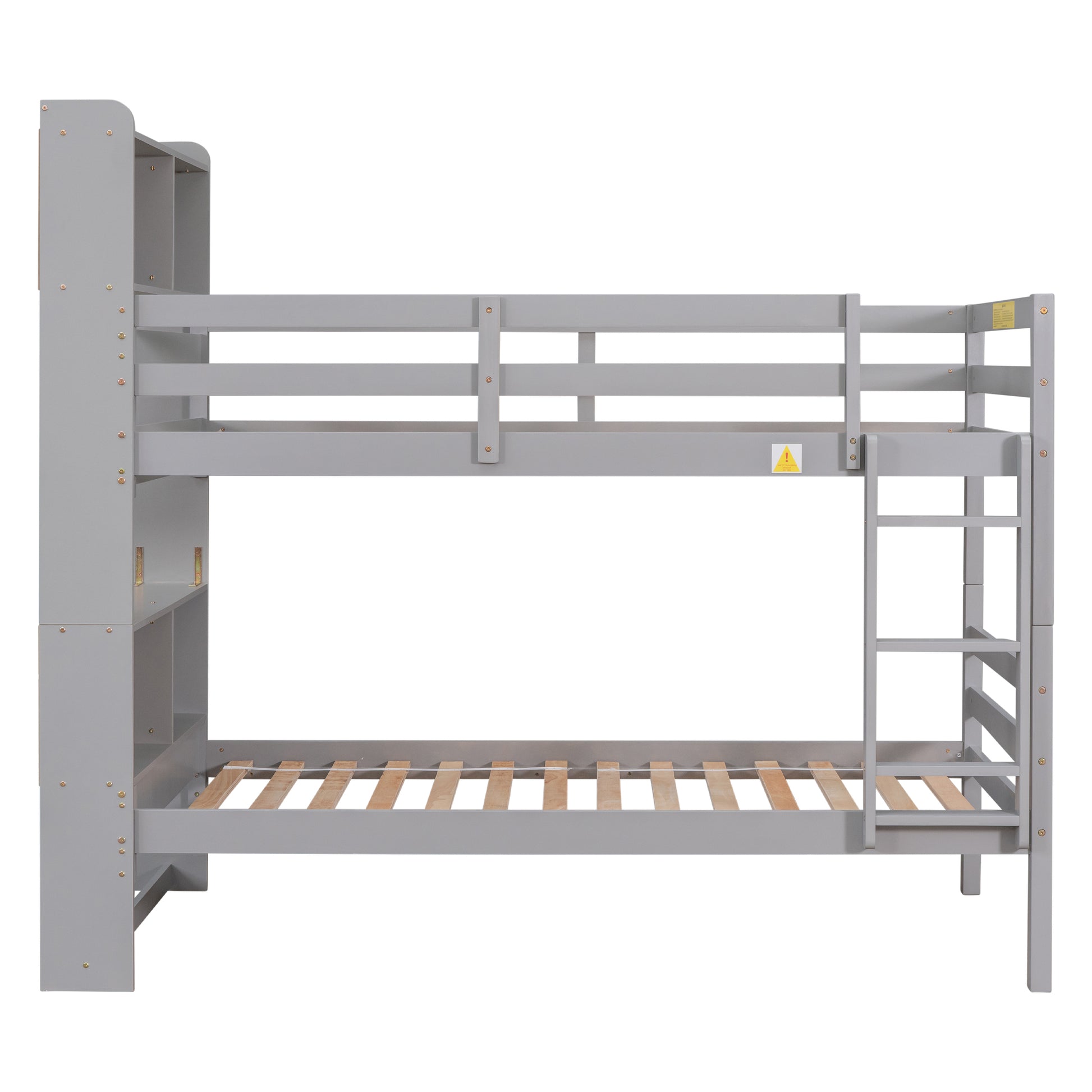 Twin Over Twin Bunk Beds with Bookcase Headboard, Solid Wood Bed Frame with Safety Rail and Ladder, Kids/Teens Bedroom, Guest Room Furniture, Can Be converted into 2 Beds, Grey