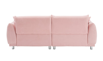 The 86.6 inch teddy fleece pink sofa with four throw pillows and hardware feet can sit comfortably in an apartment bedroom without taking up space