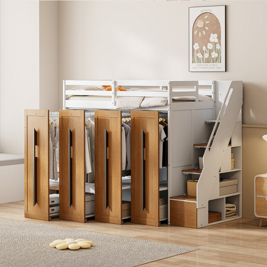 Modern Loft Bed with Two-Tone Storage Stairs and Pull-Out Wardrobes, White