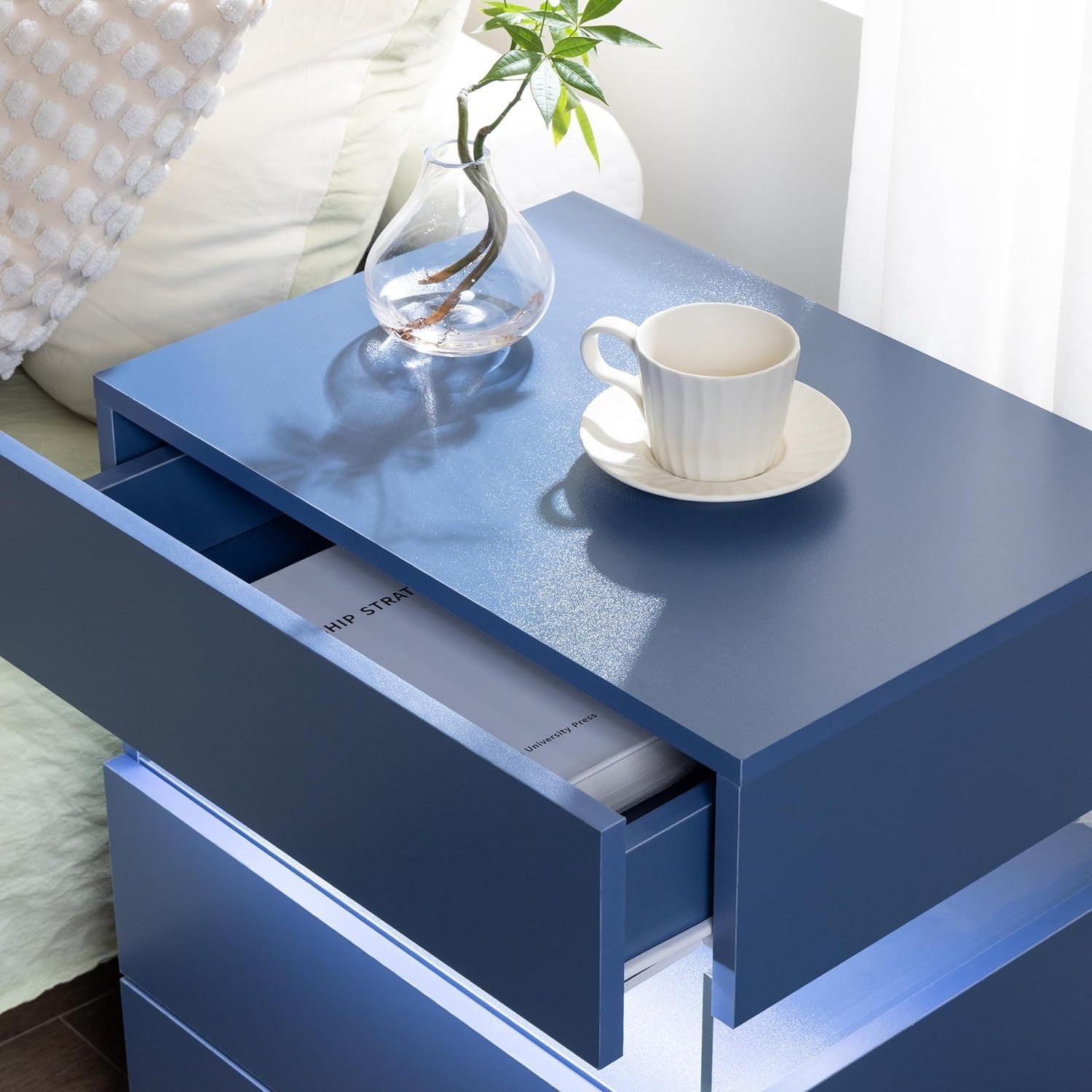 LED Nightstands Acrylic Board LED Bedside Tables for Bedroom End Table with 3 Drawer Dresser for Bedroom Living Room Bedside Furniture (Blue)