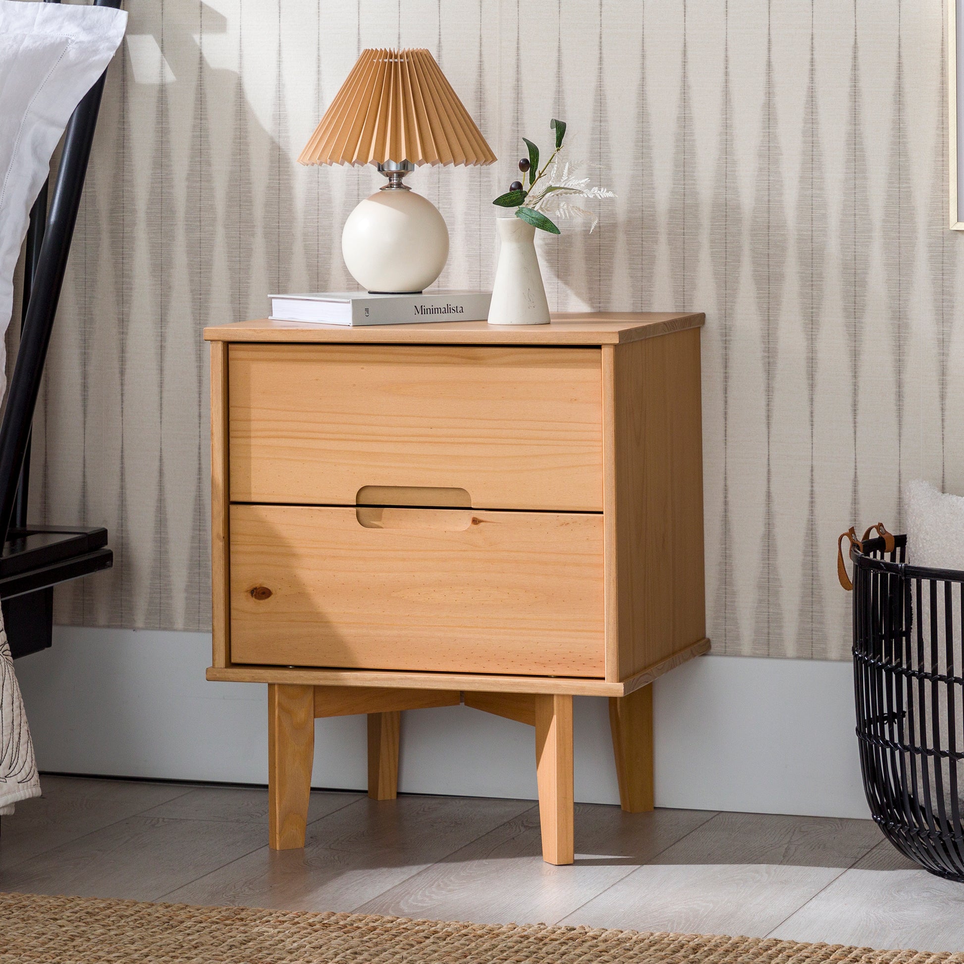 Mid-Century Modern Solid Wood 2-Drawer Nightstand – Natural Pine, Bedside Table