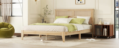 Queen Size Rubber Wooden, Solid Wooden Bed with Rattan Headboard, Enhanced by Support Feet