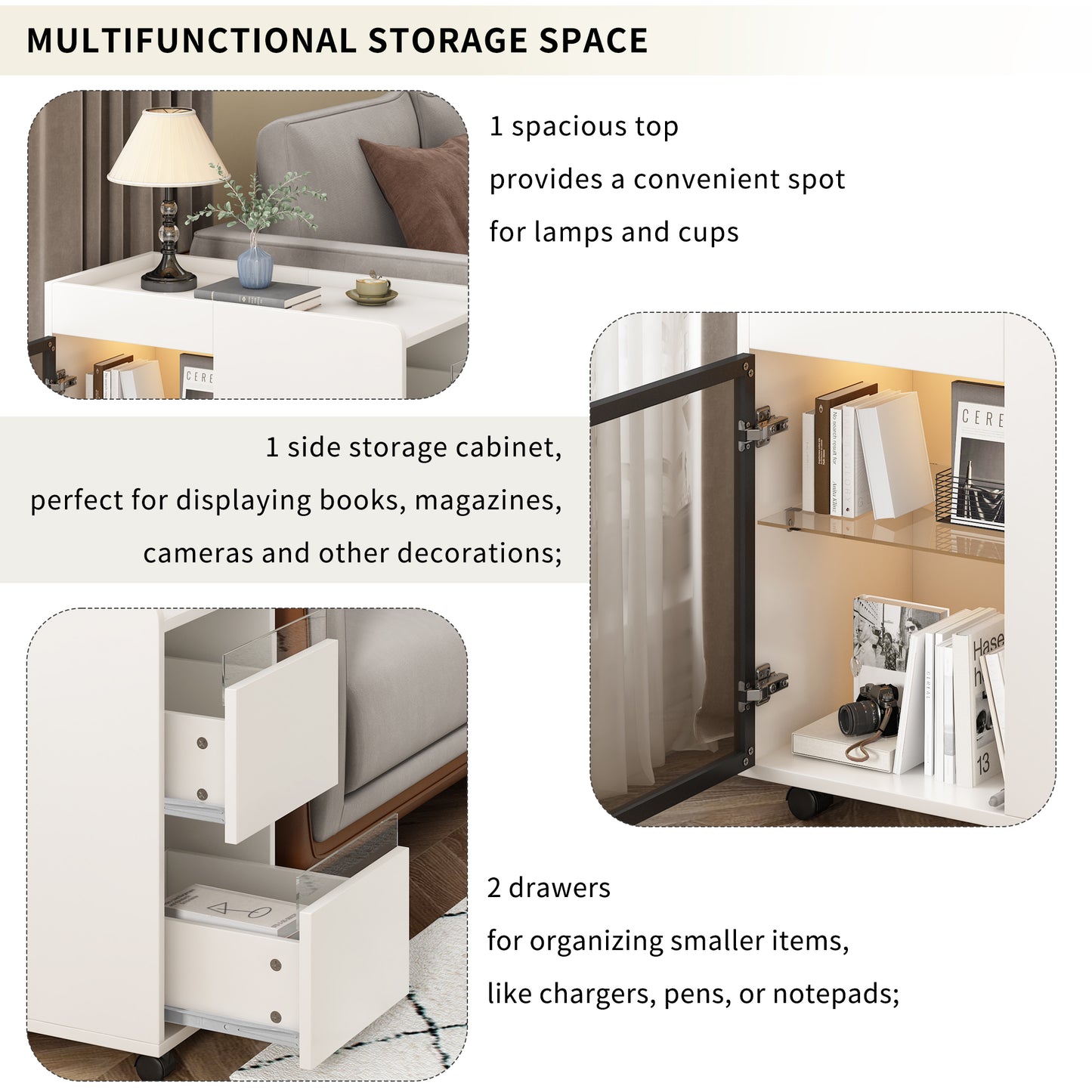 U-Can Modern End Table with LED light and Wheels, Side Table with Transparent Brown Glass Door, 2 Storage Shelves and Drawers for Living Room, White, Bedside Table