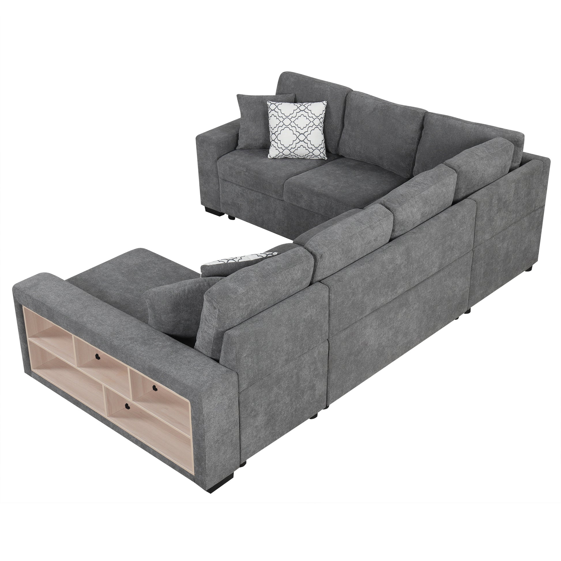 109" U-shaped Sectional Sofa Pull-out Sofa Bed with Two USB Ports, a Storage Chaise Lounge and Four Back Pillows for Living Room, Grey