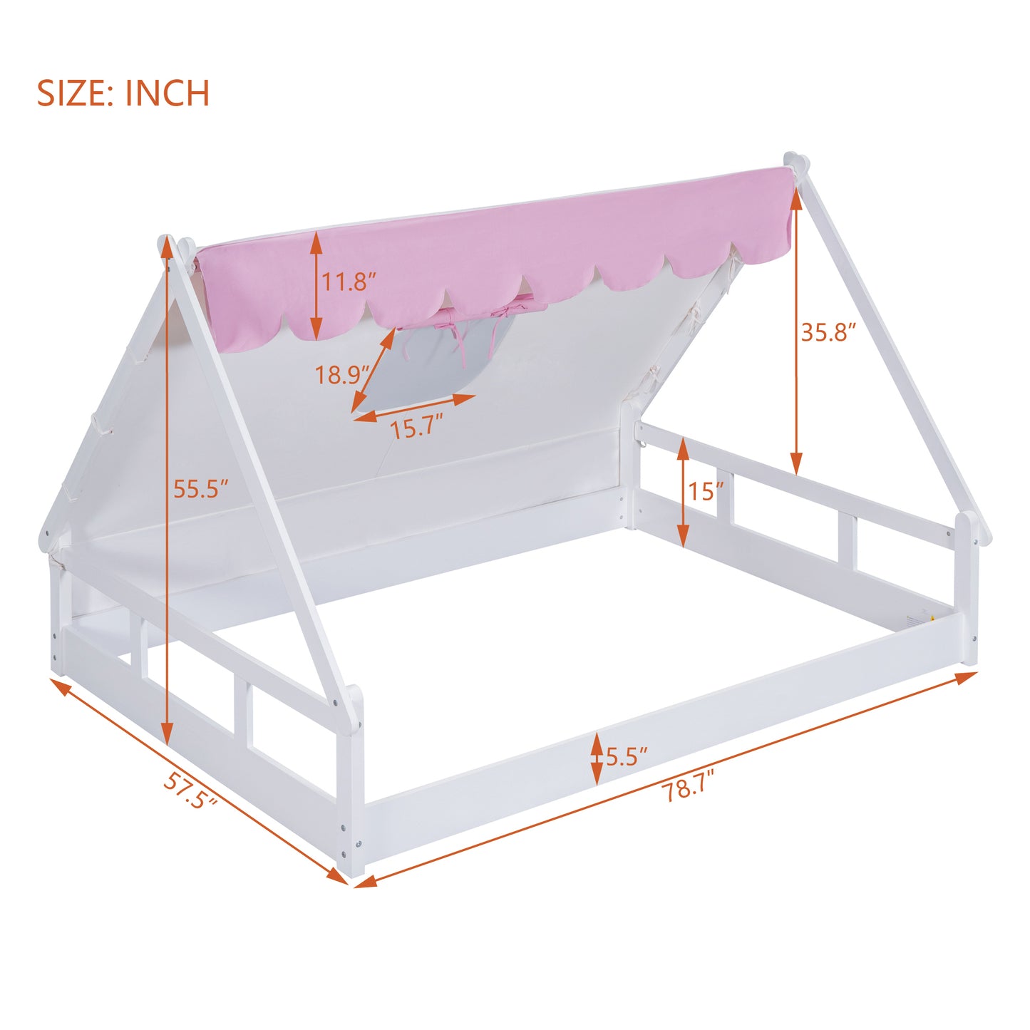 Wooden Full Size Tent Bed with Fabric for Kids,Platform Bed with Fence and Roof, White+Pink