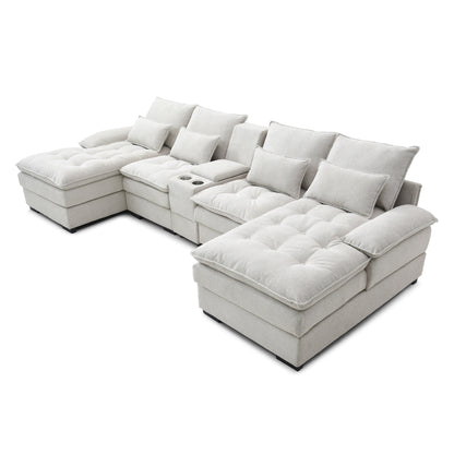 130" U-shaped Sofa with Console,Cupholders,6-seat Upholstered primary living space Furniture,Sleeper Couch Set with Chaise for Living Room,Apartment, (White)