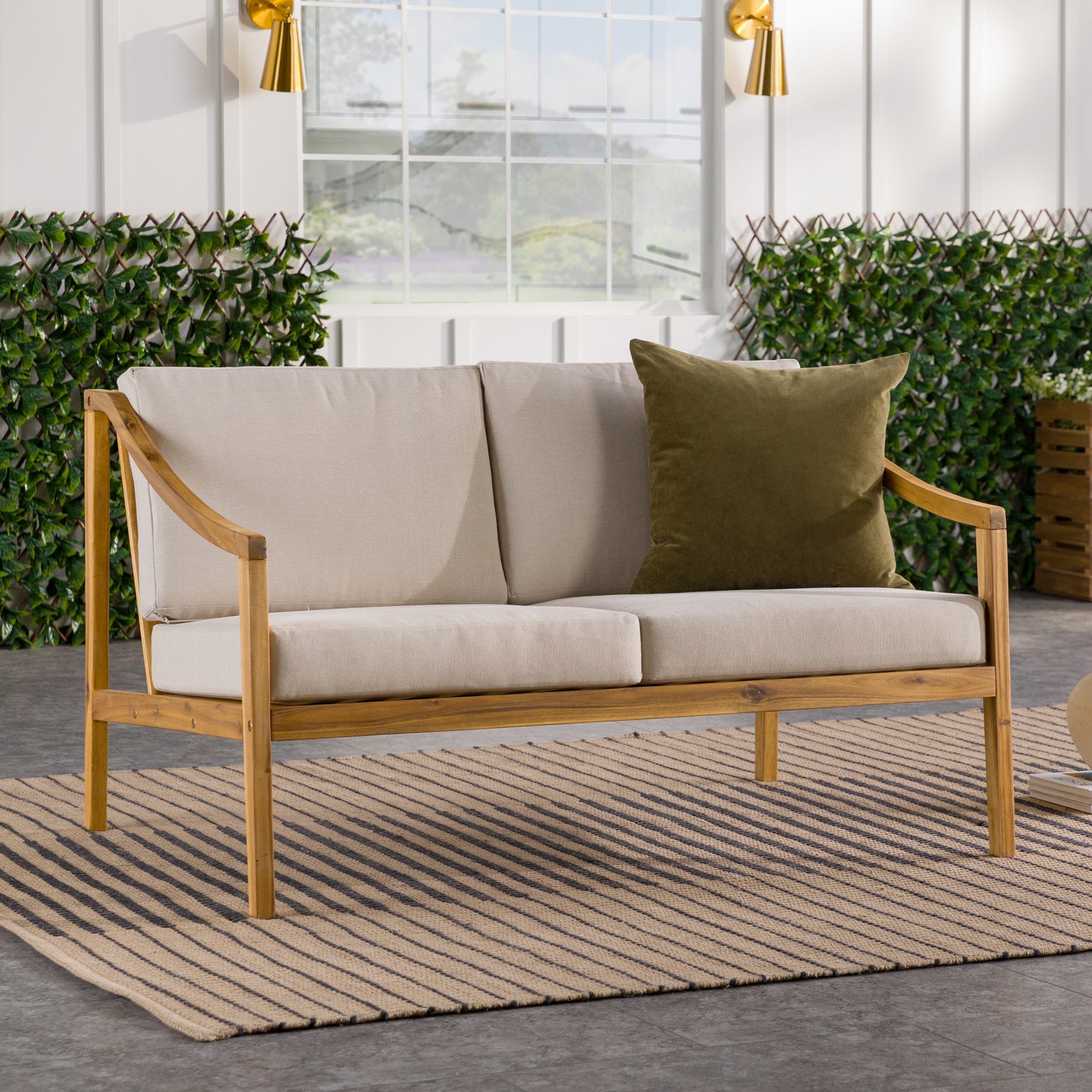 Modern Curved Arm Solid Wood Upholstered Outdoor Loveseat – Natural