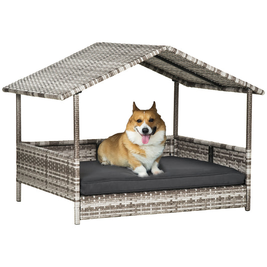 PawHut Wicker Dog House Outdoor with Canopy, Rattan Dog Bed with Water-resistant Cushion, for Small and Medium Dogs, Cream