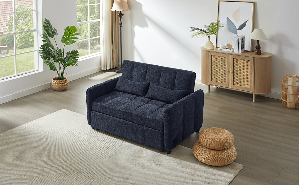 52.8" Loveseat Sofa Pull-out Sofa Bed Tufted Sleeper Sofa with an Adjustable Backrest, Three USB Ports and Two Lumbar Pillows for Living Room, Blue