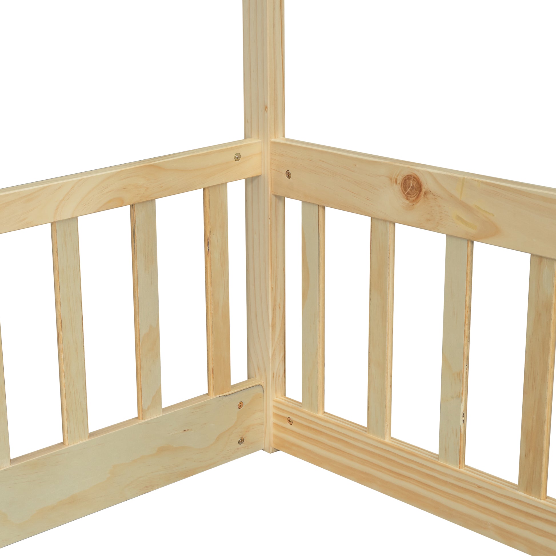 Full Roof-framed Headboard Floor Bed with Headboard Guardrails, without Slats,Natural