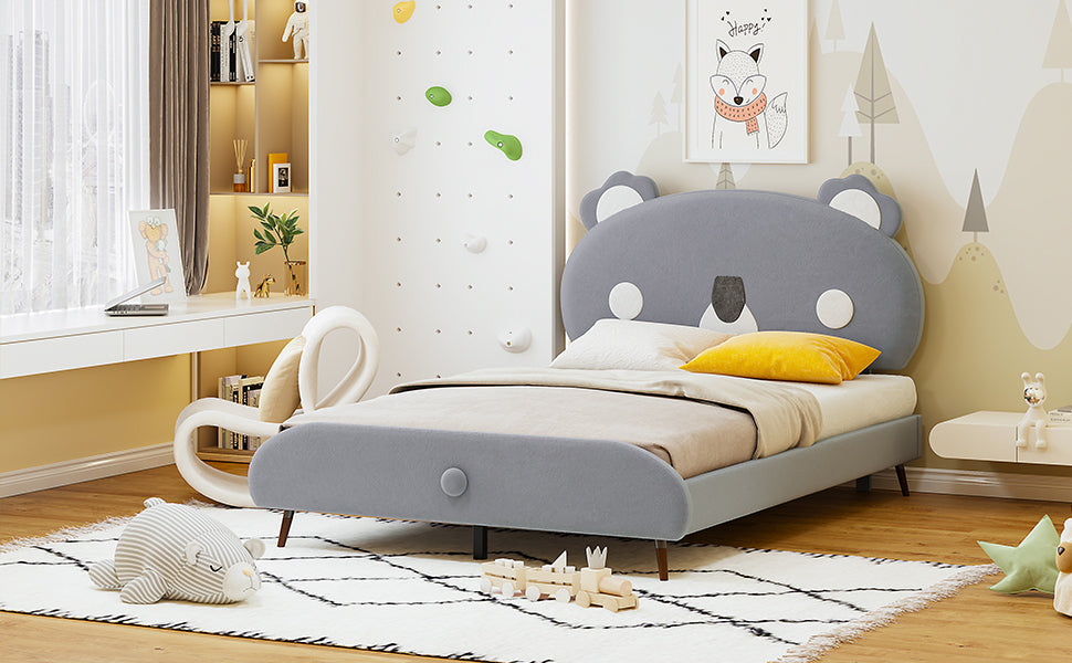 Full Size Upholstered Platform Bed with Koala-Shaped Headboard, Gray