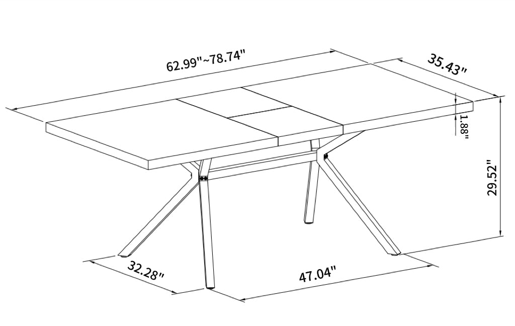 62.99"- 78.74"Retro Rectangular Stretch Table, GrEy Carole Top, Black Embossed Center Plate, Walnut Color Beam, Black Fine Sand iron Foot Base Dining Table - Groovy Boardz