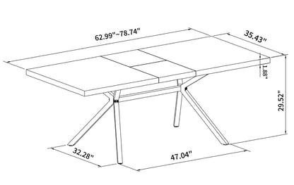 62.99"- 78.74"Retro Rectangular Stretch Table, GrEy Carole Top, Black Embossed Center Plate, Walnut Color Beam, Black Fine Sand iron Foot Base Dining Table - Groovy Boardz