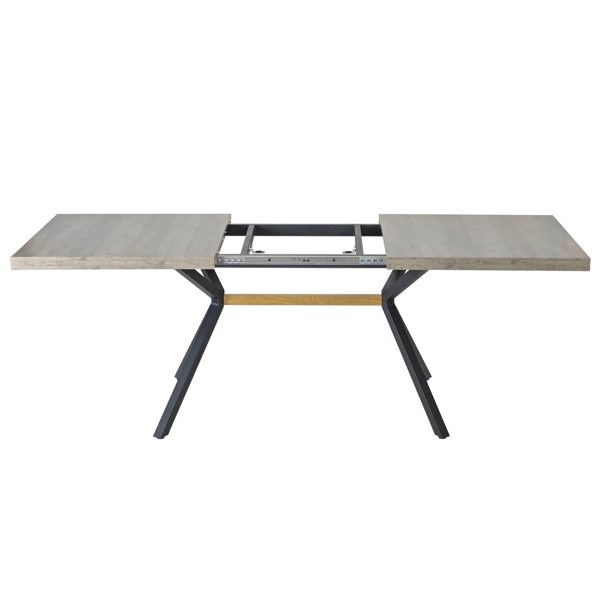 62.99"- 78.74"Retro Rectangular Stretch Table, GrEy Carole Top, Black Embossed Center Plate, Walnut Color Beam, Black Fine Sand iron Foot Base Dining Table - Groovy Boardz