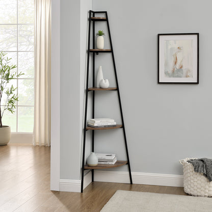 Modern Industrial Metal and Wood Corner Bookshelf – Rustic Oak