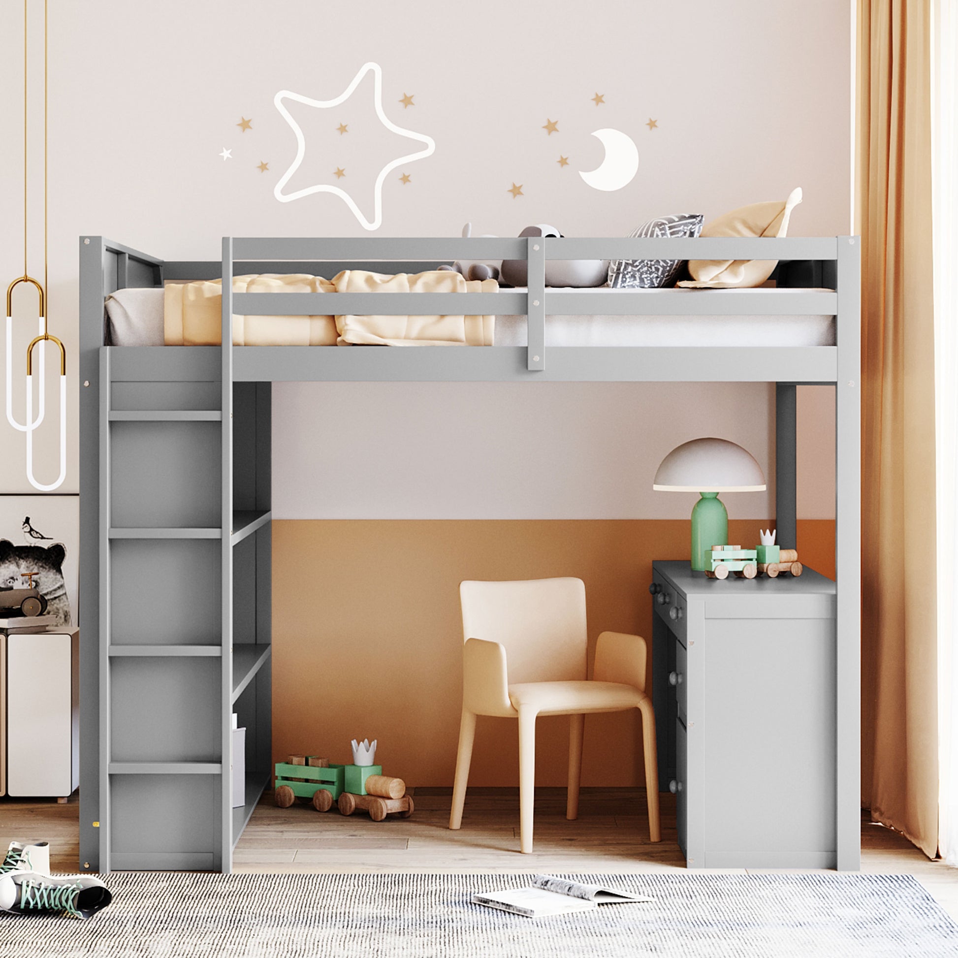 Full Size Loft Bed with Ladder, Shelves, and Desk, Gray