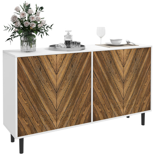 HOMCOM Modern Kitchen Sideboard Buffet Cabinet with Adjustable Shelves, 48" Coffee Bar Cabinet with Chevron Doors and Pine Wood Legs, Brown