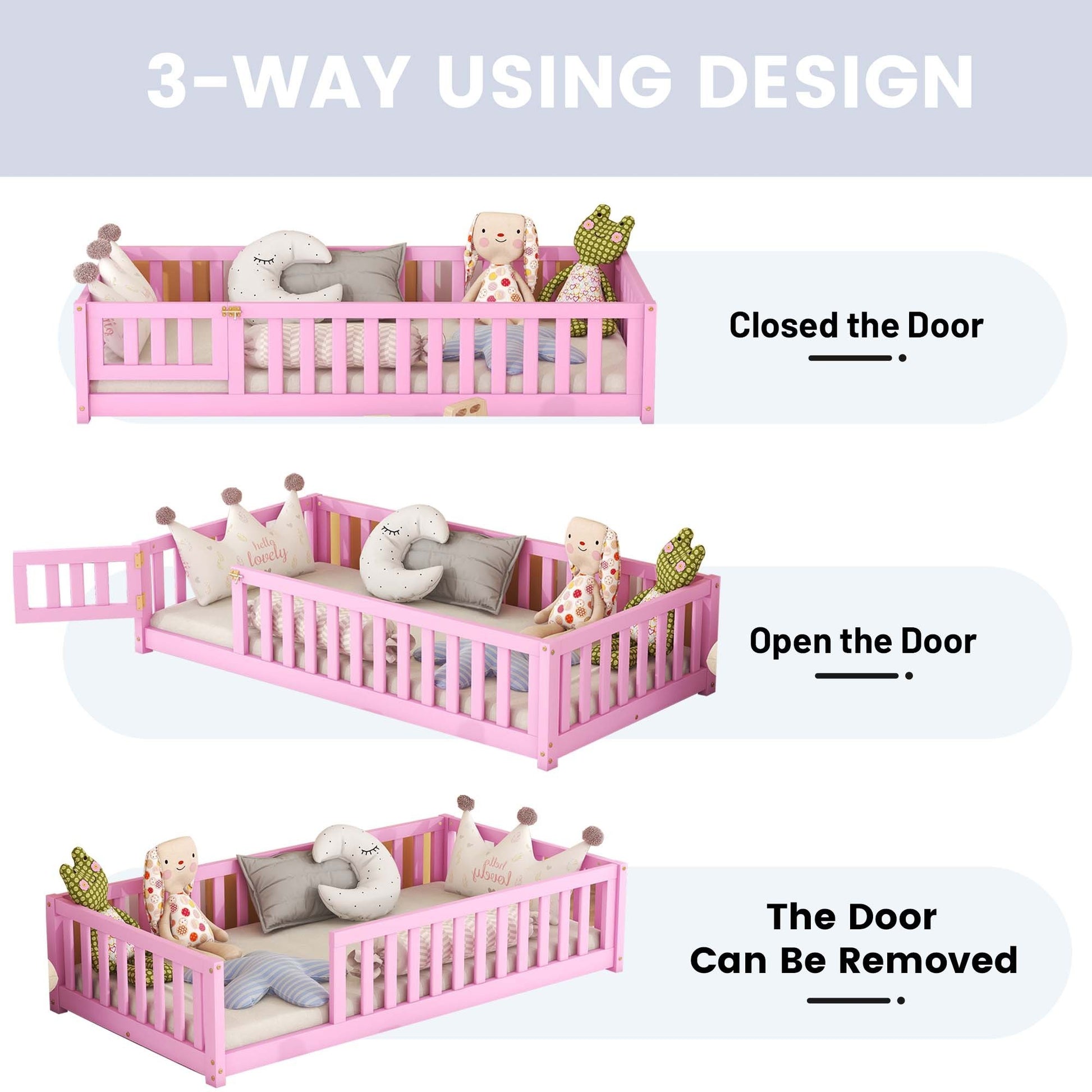 Twin Size Bed Floor Bed with Safety Guardrails and Door for Kids, Pink