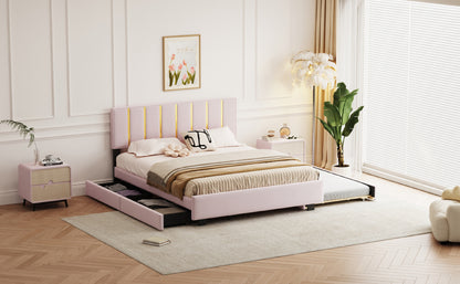 Queen Size Upholstered Platform Bed with 2 Drawers and 1  Trundle, Classic Metal Strip Headboard Design, Pink