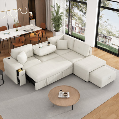 86.6" Sectional Sofa L-shaped Sofa Couch Pull-out Sofa Bed with a Movable Ottoman, Two USB Ports  and Two Cup Holders for Living Room, Beige