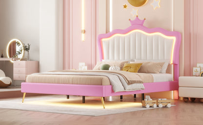 Full Size Upholstered Bed Frame with LED Lights, Modern Upholstered Princess Bed with Crown Headboard, Pink+White