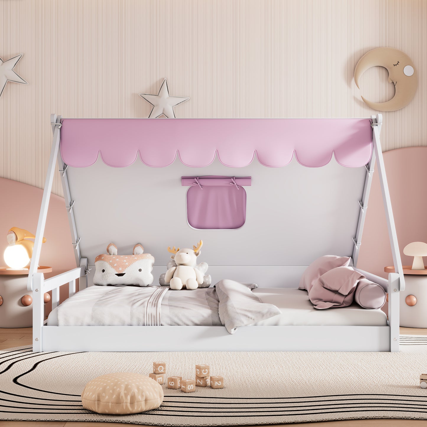 Wooden Full Size Tent Bed with Fabric for Kids,Platform Bed with Fence and Roof, White+Pink