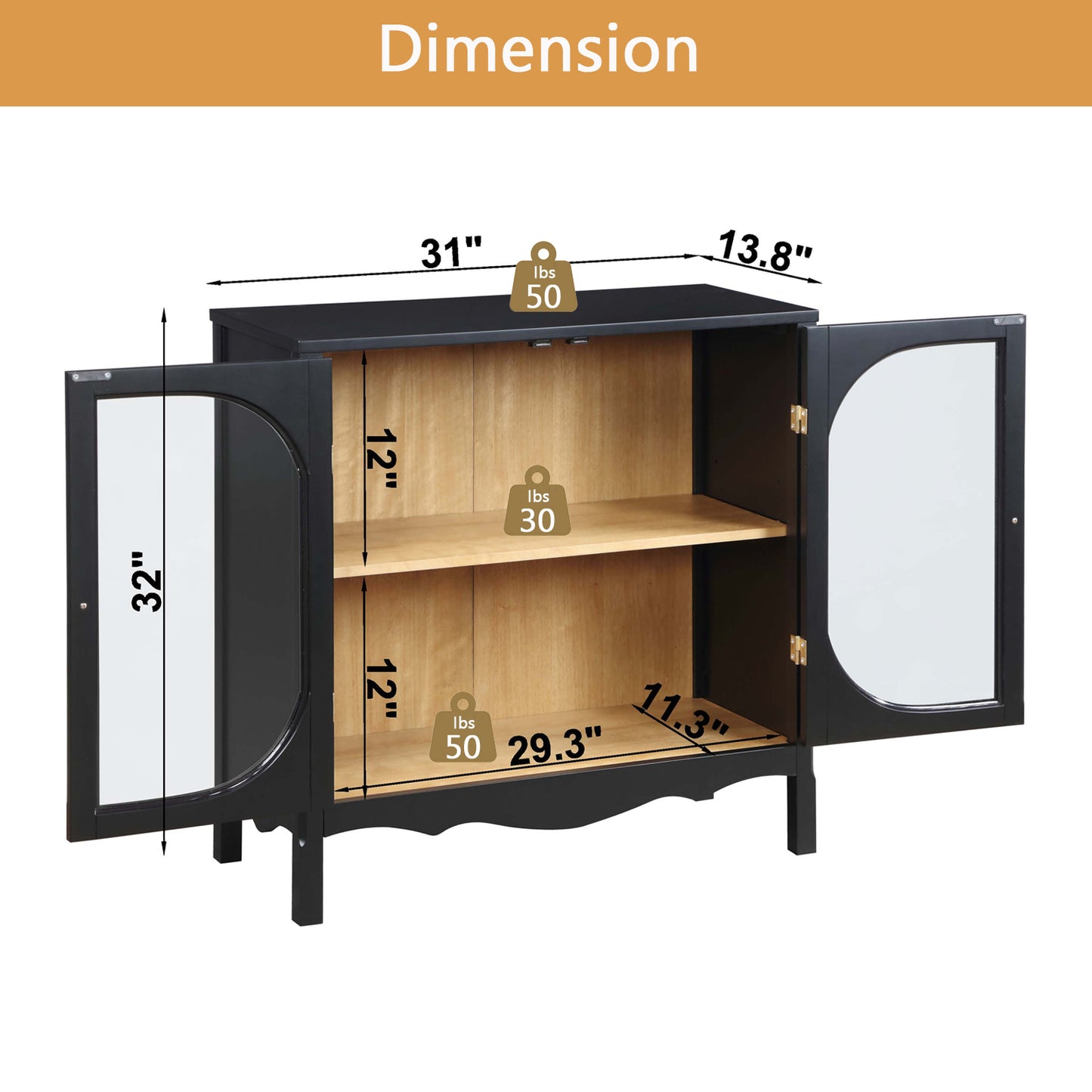 Storage Cabinet,Sideboard Buffet Cabinet,display cabinet with 2 Tempered Glass Doors, Adjustable Shelves, for Home Office, Living Room, Bedroom,Black