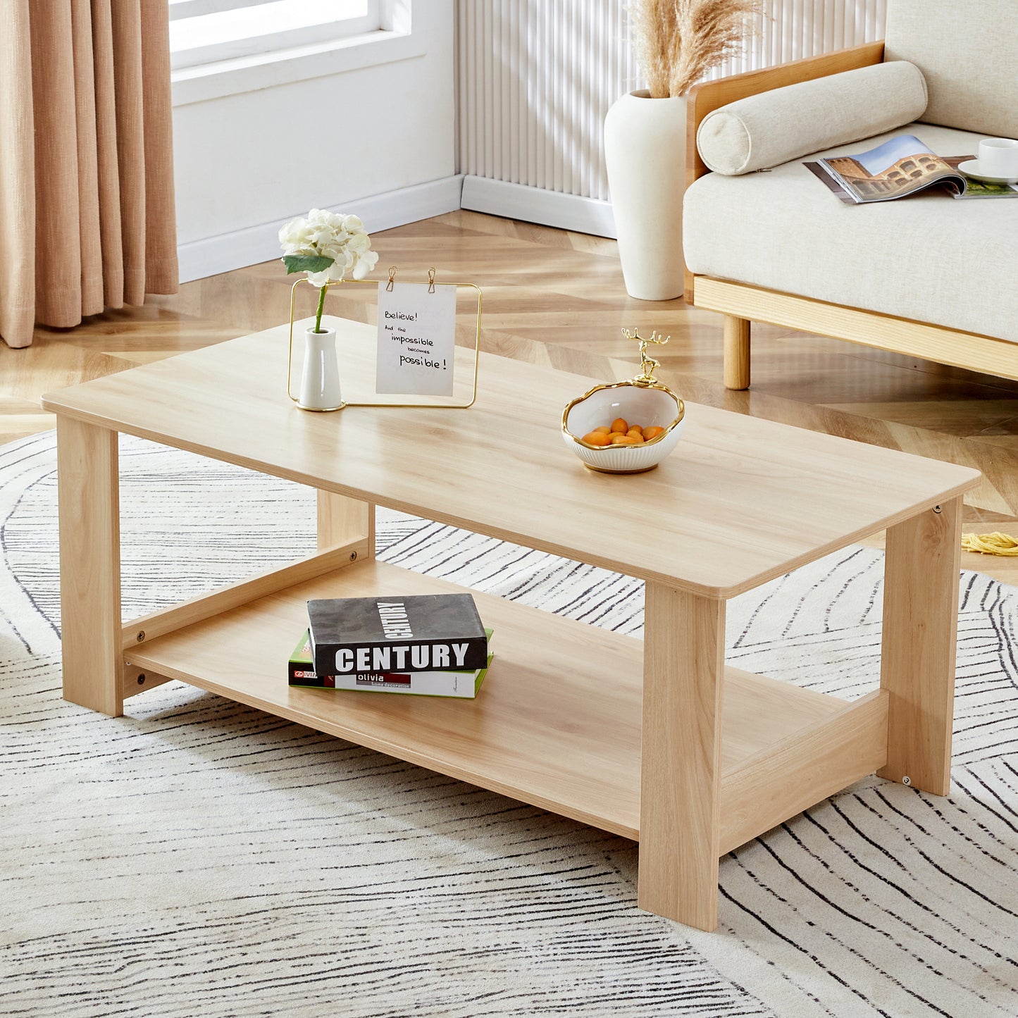 A modern and practical log colored textured coffee table,tea table. The double-layer coffee table is made of MDF material. Suitable for living room 43.3"*21.6"*16.5"