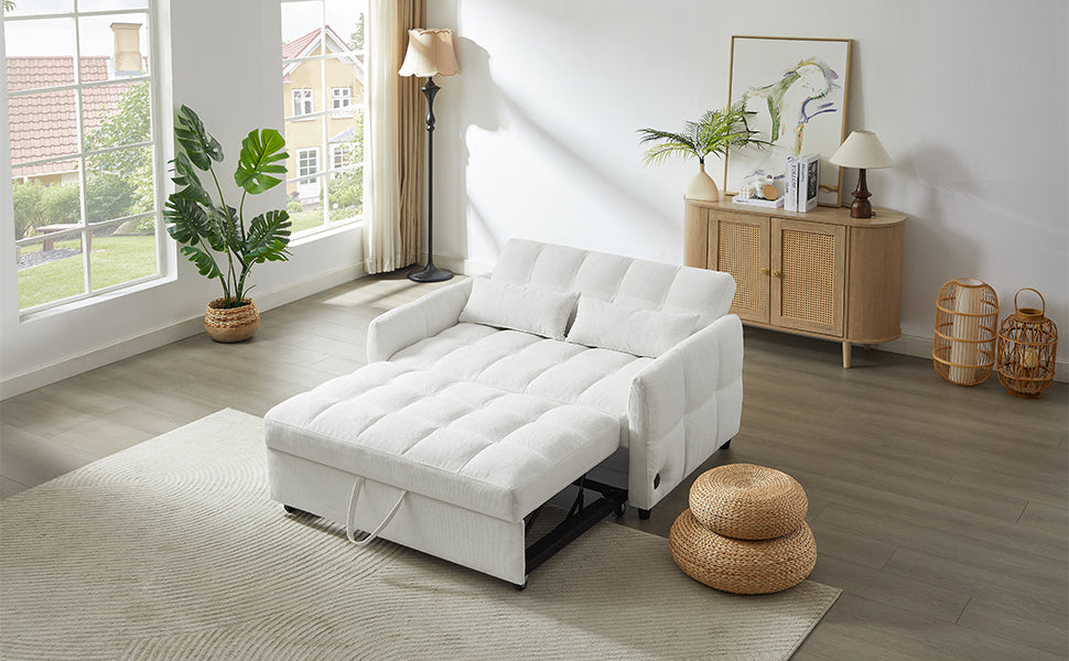 52.8" Loveseat Sofa Pull-out Sofa Bed Tufted Sleeper Sofa with an Adjustable Backrest, Three USB Ports and Two Lumbar Pillows for Living Room, Beige