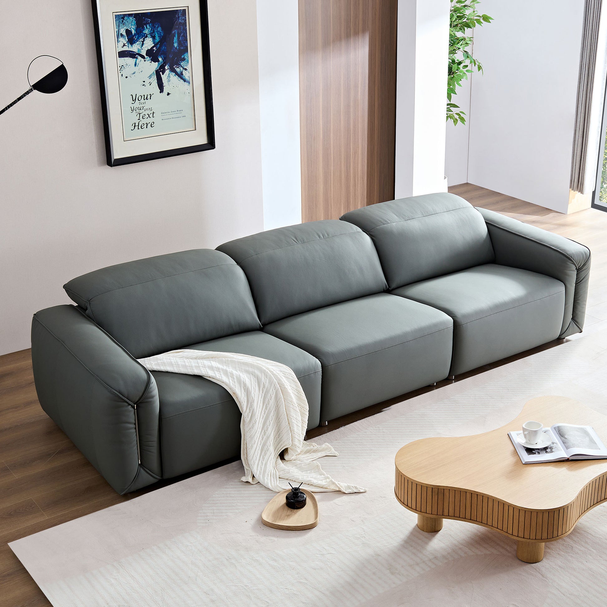 Modern Simple Line Design 3-Seater Leather Sofa for Living Room, Comfy Sofa Couch with Extra Deep Seats,Adjustable Headrests Couch,Blue Grey