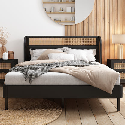 Yara Modern Cannage Rattan Wood Platform Queen Bed