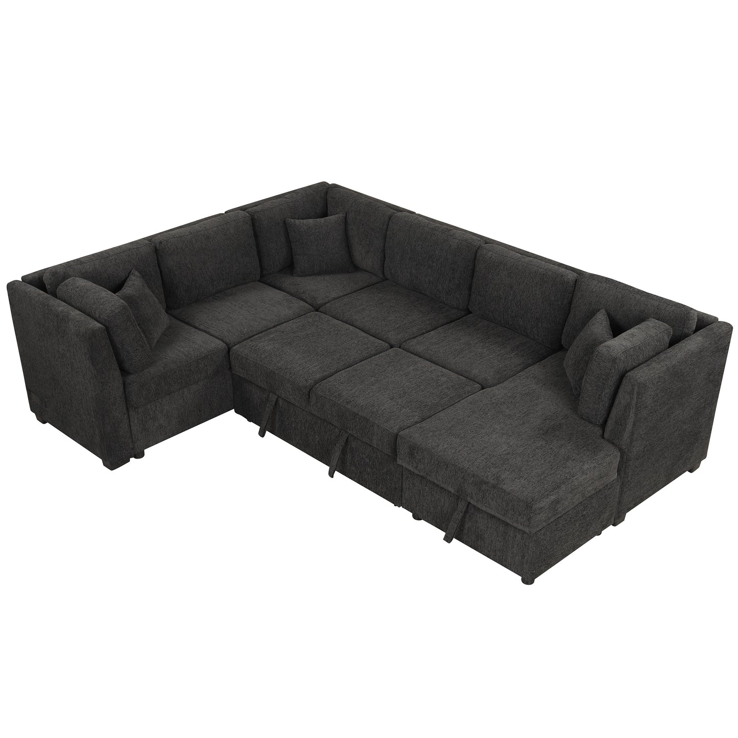 108.6" U-shaped Sectional Sofa Pull out Sofa Bed with Two USB Ports, Two Power Sockets, Three Back Pillows and a Storage Chaise for Living Room, Black