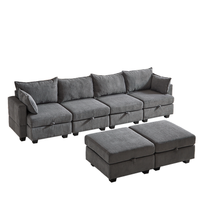 113.5'' Modular Sectiona Corduroy Sofa, Sectional Couches for Living Room U Shaped Sectional Couch with Storage Ottoman, 6 Seats Convertible Sectionals with Chaise